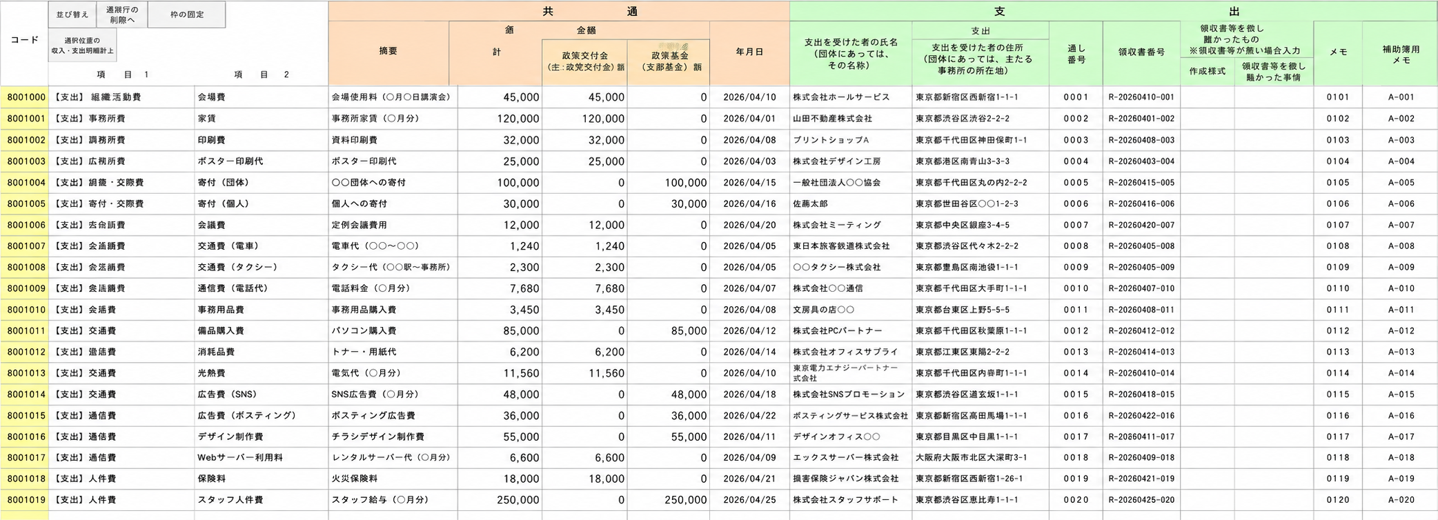 総務省 会計帳簿作成ソフト（Excel）への転記イメージ